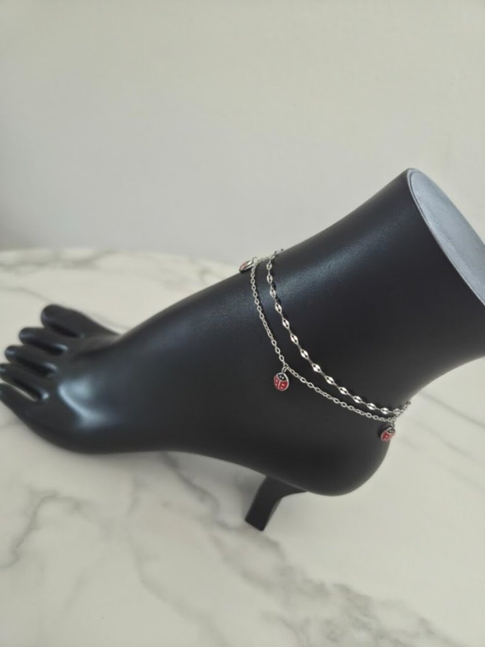 Dainty Ladybug Double Chain Anklet Silver Tone Minimalist Summer Jewelry - Picture 5 of 15